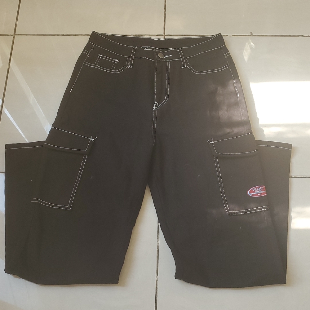 Black Cargo Pants with White Stitching